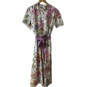 Vintage 80s California Design Long Belted Dress Pink Blue Floral Print